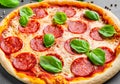 Pepperoni pizza garnished with basil leaves Royalty Free Stock Photo